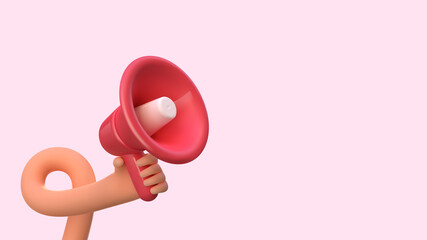 3d cartoon hand holding megaphone social media marketing vector illustration. Promotion advertising loudspeaker. Hiring background