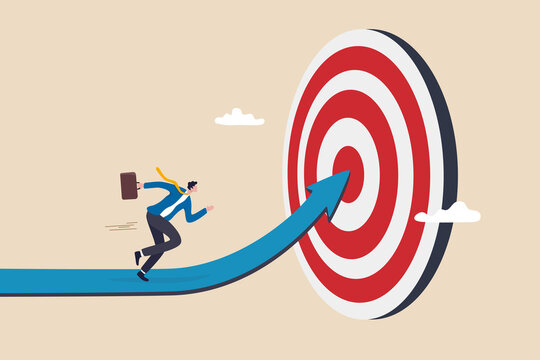 Progress to goal or reaching business target, motivation or challenge to achieve success, career growth or improvement concept, ambitious businessman running on growth arrow path to target bullseye.