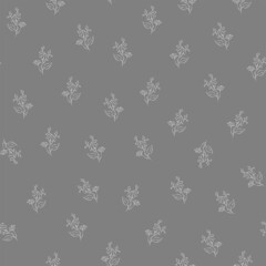 Vector gray and white illustration. Floral seamless pattern. Bouquet of wild flowers. Hand drawn flower field. Simple flowers. Flowering heads of field chamomile. Outline drawing.