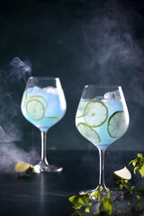 alcoholic drink blue lagoon with lime and ice