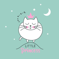 Little Princess cat. Greeting card with cartoon cat , stars and moon. Vector illustration.