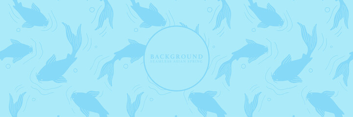 Japanese seamless pattern with koi fish in the pond. Vector spring lake texture background.