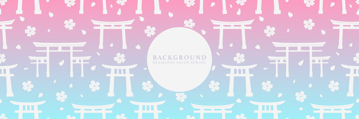 Japanese seamless pattern with sakura and torii gate. Vector festive hanami texture background.