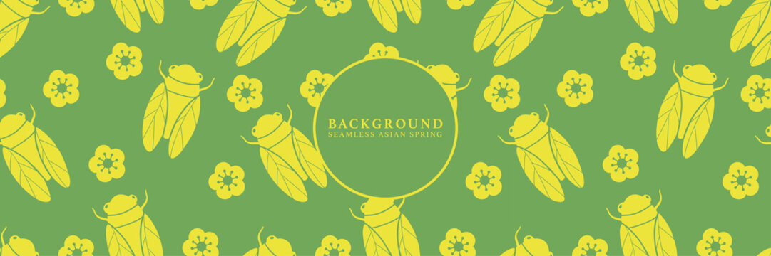 Japanese seamless pattern with cicadas and flowers. Vector spring seasonal texture background.
