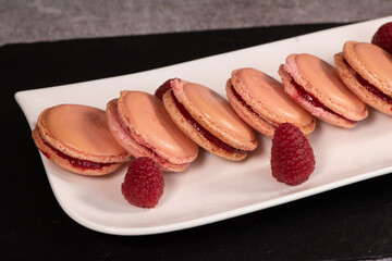Pastry, Macaroon recipe with raspberry cream filling. High quality photo