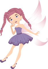 Cartoon fairy girl in purple dress. Fairytale character with magic wings. Flat vector design