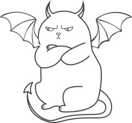 Animal character angry fat cat with devil wings outline contour