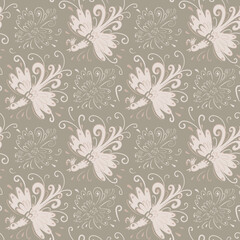 Fototapeta premium Seamless pattern with a fabulous mythical bird spreading her wings on a delicate background. Excellent for women's clothing fabric, interior textiles, wrapping paper, gift wrapping, etc.