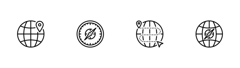 Set of vector icons on theme Location. Icons of Globe, Route, Location, Compass are shown. Vector sign in simple style isolated on white background. © FUNTas