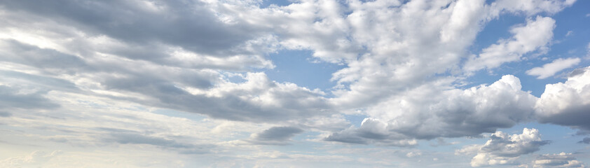 Panoramic photo of blurred sky. Blue sky background with cumulus clouds