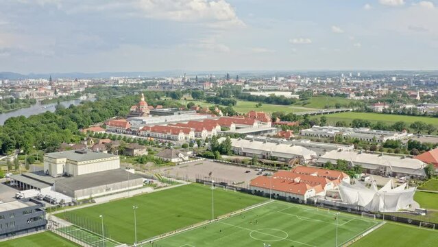 Aerial drone flight over Sportpark Ostra in Dresden