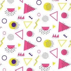 Memphis pattern 80's-90's styles on red background. Trendy memphis style. Colorful geometric pattern different shapes color style. Cover template design,abstract pattern, hipster fashion.