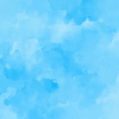 Watercolor texture of rich vibrant blue sky and fluffy blue clouds in the background