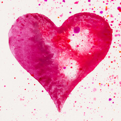 Watercolor painted pink heart, on the white watercolor paper.