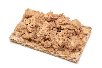 Crispy Sandwich with Chicken Pate Isolated on White Background. Whole Grain Bread with Liver Pate. Diet Breakfast and Healthy Food