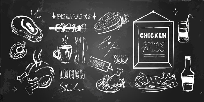 Vector food and cafe menu set with handwritten words and frames. White chalk lines on blackboard, chalkboard.