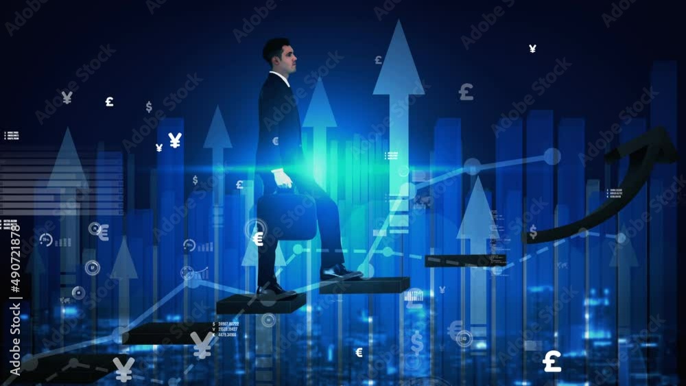 Poster double exposure image of business and finance conceptual - businessman with report chart up forward 