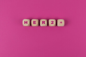 HER2+ Breast Cancer Acronym, healthcare, support and hope concept. Wooden cubes isolated on Pink,...