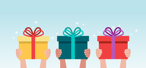 Hand giving gift box cartoon vector illustration. Hand holding surprise box concept.