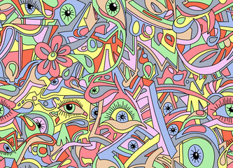 Abstract drawing of black lines painted in multicolored colors.Seamless background.	