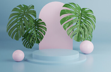 3d tropical podium in blue colours with for product presentation