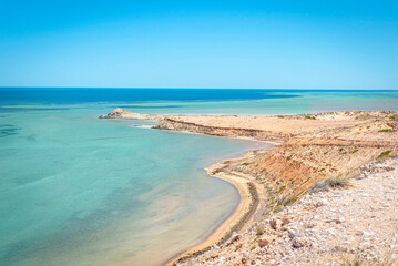 Scenic view of Indian ocean with turquoise water. Tropical landscape at Eagle Bluff lookout, Shark Bay, Western Australia