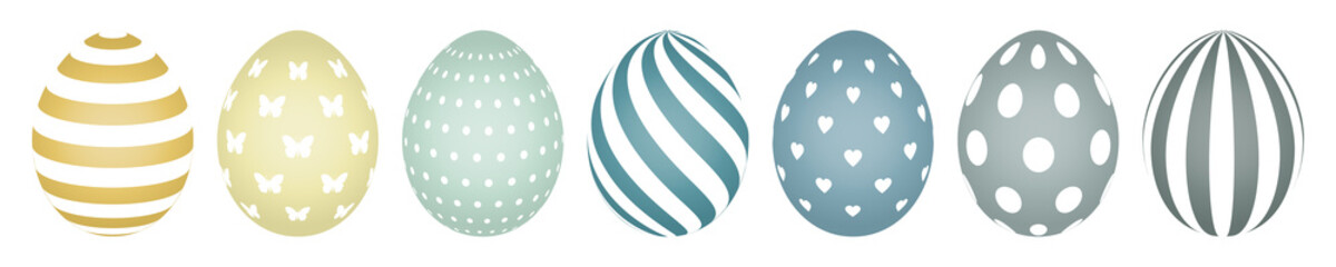 7 Bunte Ostereier Senf Petrol Grau Mit Weißen Mustern