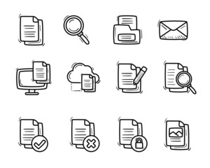 Set of document icon in cute doodle style isolated on white background
