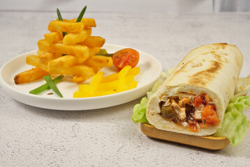 French fries, bell peppers, vegetable roll