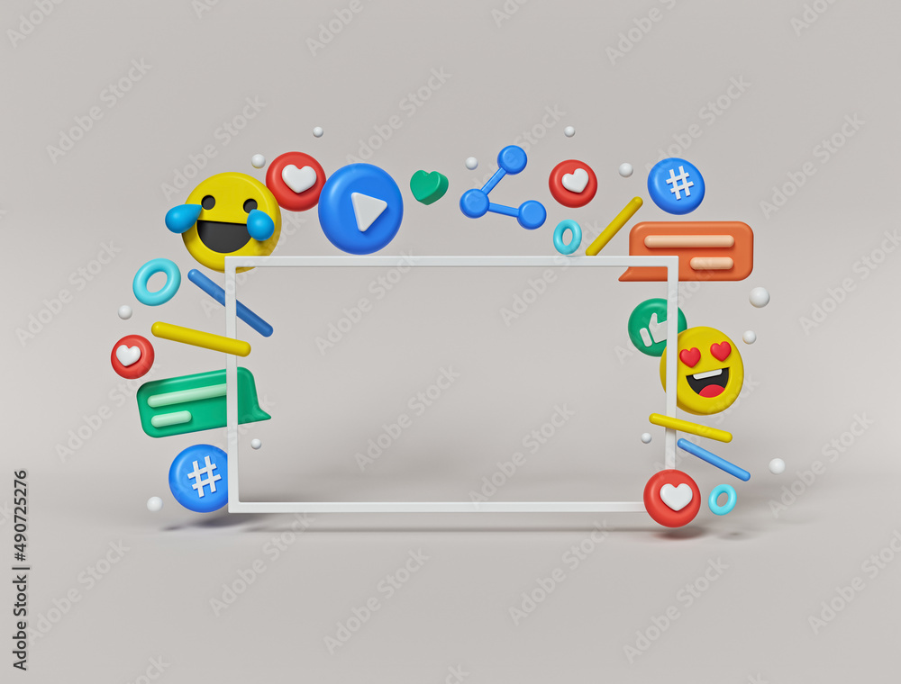 Poster minimal design with copy space. empty background surrounded with social media colorful icons. 3d ren