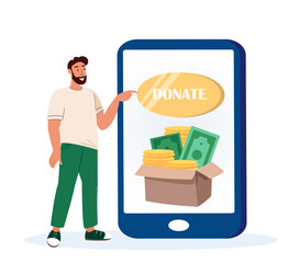 Contribution, Help to People in Need Concept.Man,Male Character Use Mobile Application for Donation. Donate Money Push Button on Smartphone Screen Application, Charity. Cartoon Vector Illustration