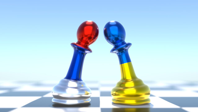 Deux pions de la couleur des drapeaux Ukrainien et Russe sur un &eacute;chiquier symbolisant la guerre. Rendu 3D.