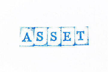 Blue color ink rubber stamp in word asset on white paper background