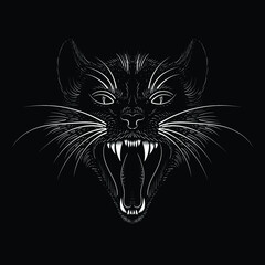 The Vector logo cat for tattoo or T-shirt design or outwear.  Cute print style cat background. This hand drawing would be nice to make on the black fabric or canvas.