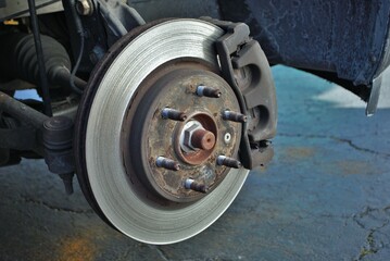 ruined disc brake rotor seen on a vehicle