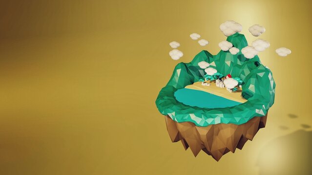 Flying iseland in summer 3d render, Low polygon 3d render. 