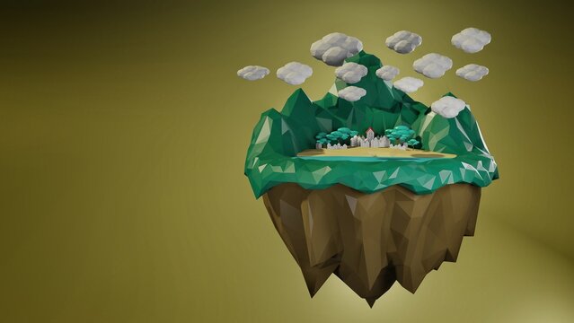 Flying iseland in summer 3d render, Low polygon 3d render. 