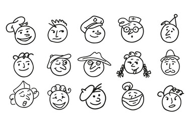 Collection of emoji icons drawn in doodle style.Vector illustration.Different professions and emotions.