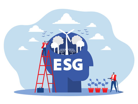 businessman climb up ladder to see through telescope for ESG or ecology problem concept.Future Goal And Plans.Business target concept flat vector illustrator