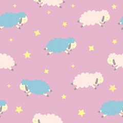 Cute jumping sheep seamless pattern in pastel colors, sheep and stars repeat pattern, good night kids pattern