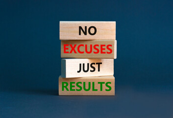No excuses just results symbol. Concept words No excuses just results on wooden blocks. Beautiful grey table grey background. No excuses just results business concept. Copy space.