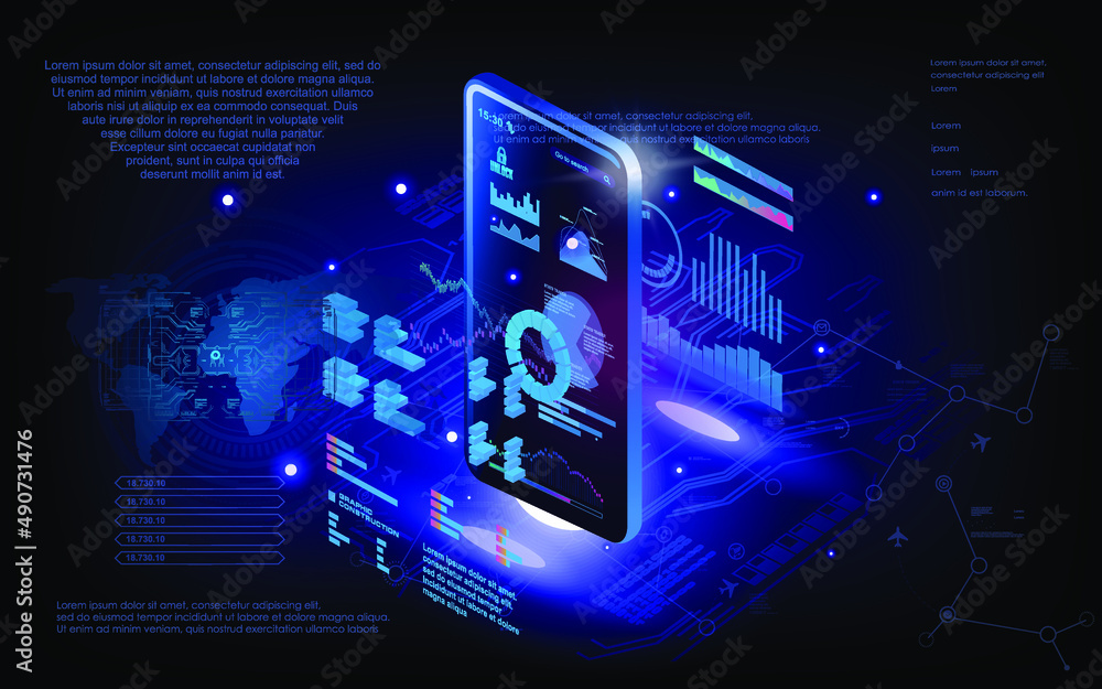 Poster phone with mobile interface and payment system infographic. online statistics and data analytics. fi