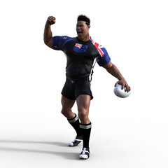 3D Illustration of stylized rugby character Player fist pumps the air as he celebrates scoring a try or winning the match.