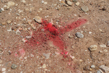 Red spray paint is sprayed as a cross on the nail head for marking the location. Construction planning concept. Setting-Out is to determine the location and boundaries of the building. Piling position