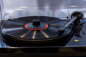 close-up of the details of the record player