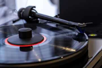 close-up of the details of the record player