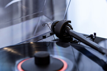 close-up of the details of the record player