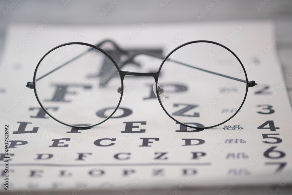 Wall mural Ophthalmologist accessories glasses with a test target for vision correction