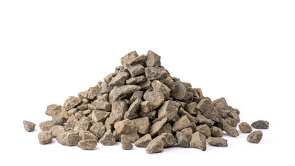 pile of gravel, commercially produced crushed granite stones, small fragment of rock isolated on...