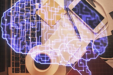 Multi exposure of brain sketch hologram over topview work table background with computer. Concept of big data.